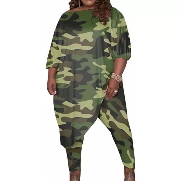 IyMoo Womens Causal Plus Size 2 Piece Outfits Jumpsuits Slant Shoulder Asymmetrica Tops Pant Set Sexy Club RomperCamouflage