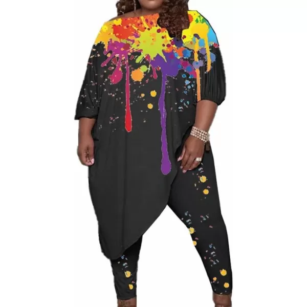 IyMoo Womens Causal Plus Size 2 Piece Outfits Jumpsuits Slant Shoulder Asymmetrica Tops Pant Set Sexy Club RomperGraffiti Black