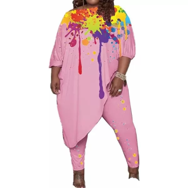 IyMoo Womens Causal Plus Size 2 Piece Outfits Jumpsuits Slant Shoulder Asymmetrica Tops Pant Set Sexy Club RomperGraffiti Pink