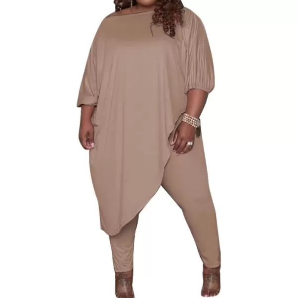 IyMoo Womens Causal Plus Size 2 Piece Outfits Jumpsuits Slant Shoulder Asymmetrica Tops Pant Set Sexy Club RomperKhaki