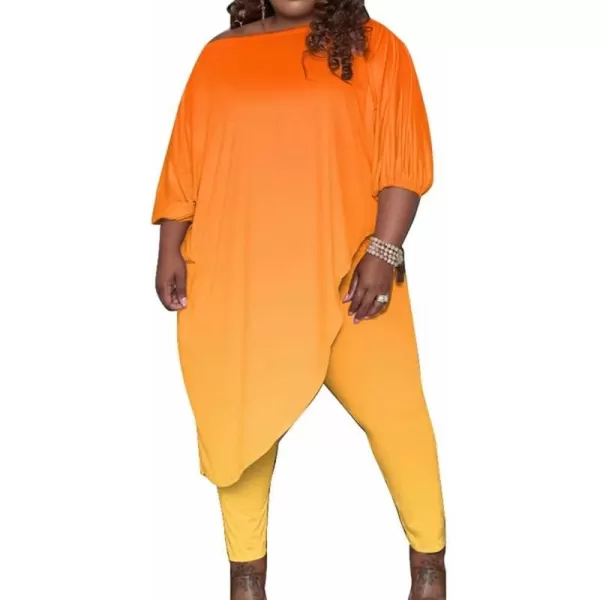 IyMoo Womens Causal Plus Size 2 Piece Outfits Jumpsuits Slant Shoulder Asymmetrica Tops Pant Set Sexy Club RomperOmbre Orange