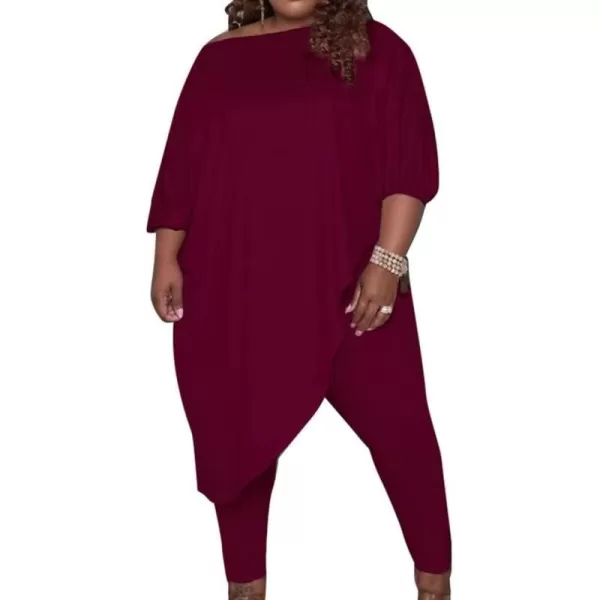 IyMoo Womens Causal Plus Size 2 Piece Outfits Jumpsuits Slant Shoulder Asymmetrica Tops Pant Set Sexy Club RomperWine Red
