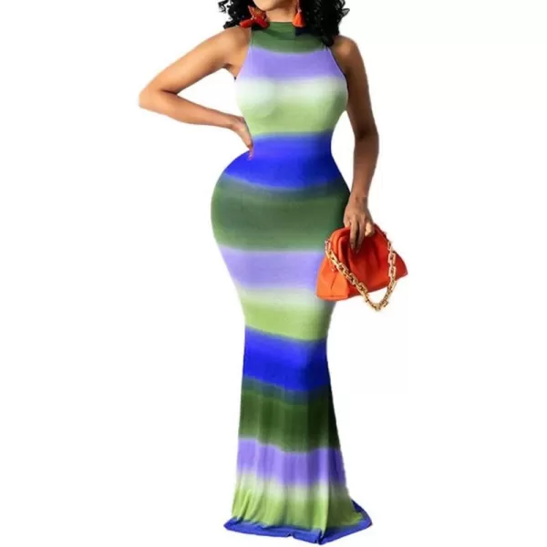 IyMoo Womens Neck Hollow Out Print Party Beach Evening Long Maxi Dress014 Blue