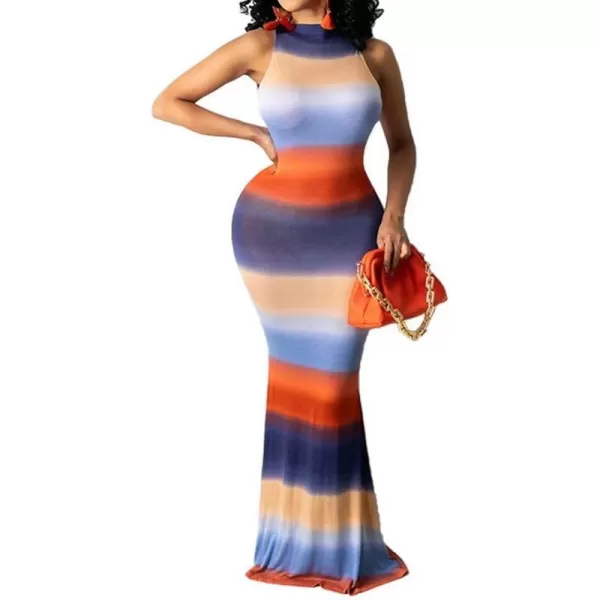IyMoo Womens Neck Hollow Out Print Party Beach Evening Long Maxi Dress014 Orange