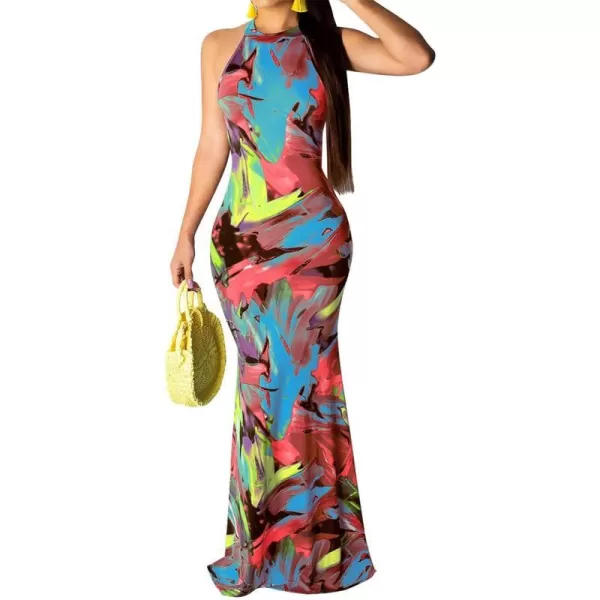 IyMoo Womens Neck Hollow Out Print Party Beach Evening Long Maxi Dress1019blue