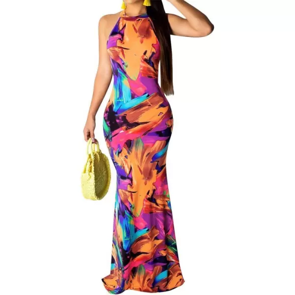 IyMoo Womens Neck Hollow Out Print Party Beach Evening Long Maxi Dress1019orange
