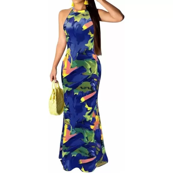 IyMoo Womens Neck Hollow Out Print Party Beach Evening Long Maxi Dress19s Dark Blue