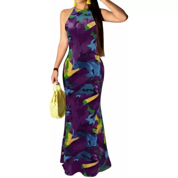 IyMoo Womens Neck Hollow Out Print Party Beach Evening Long Maxi Dress19s Dark Purple