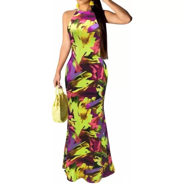 IyMoo Womens Neck Hollow Out Print Party Beach Evening Long Maxi Dress19s Light Green