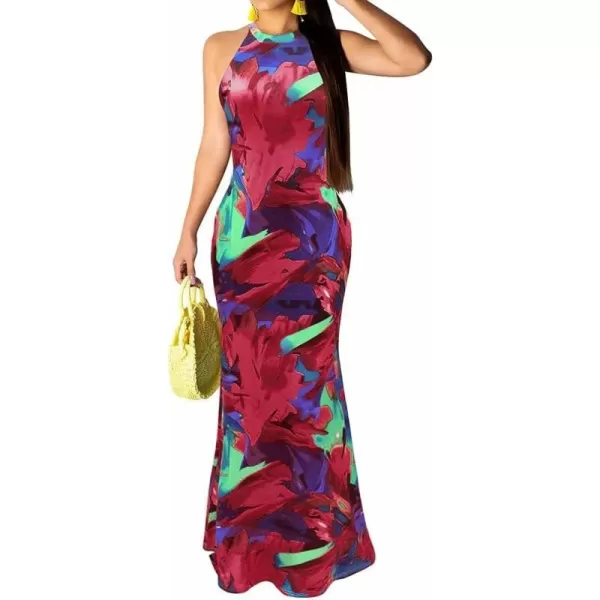 IyMoo Womens Neck Hollow Out Print Party Beach Evening Long Maxi Dress19s Red