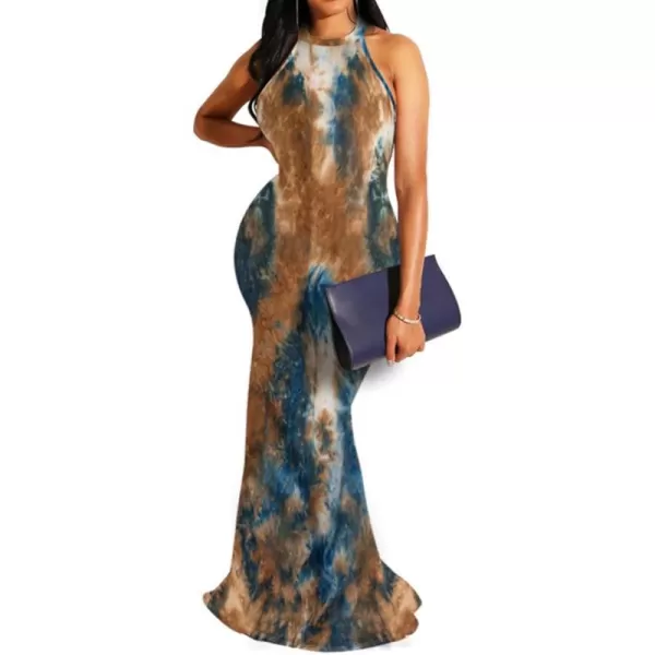 IyMoo Womens Neck Hollow Out Print Party Beach Evening Long Maxi Dress412 Coffee