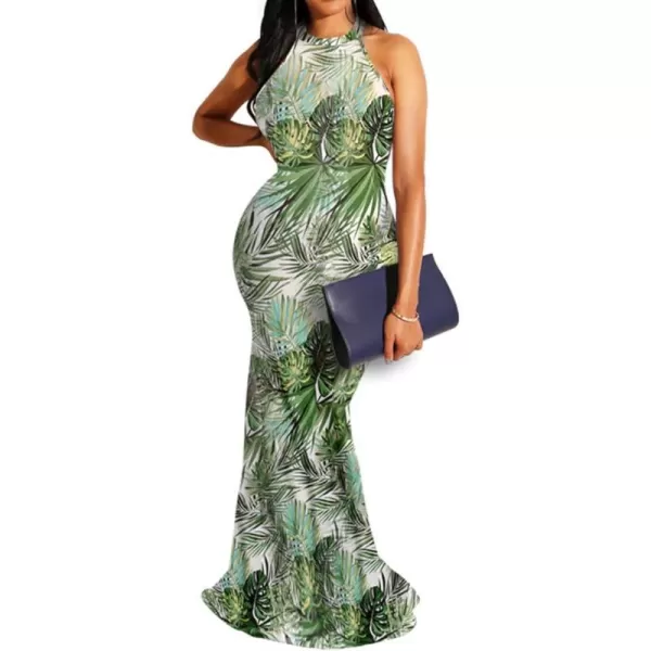 IyMoo Womens Neck Hollow Out Print Party Beach Evening Long Maxi Dress412 Leaf Green