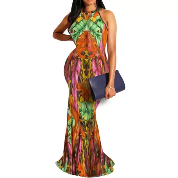IyMoo Womens Neck Hollow Out Print Party Beach Evening Long Maxi Dress412 Leaf Yellow