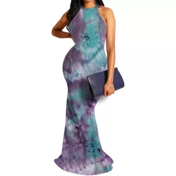 IyMoo Womens Neck Hollow Out Print Party Beach Evening Long Maxi Dress412 Purple Blue