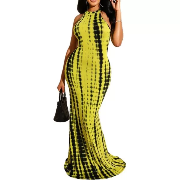 IyMoo Womens Neck Hollow Out Print Party Beach Evening Long Maxi DressBlackyellow