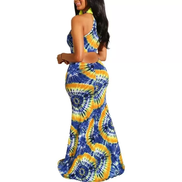 IyMoo Womens Neck Hollow Out Print Party Beach Evening Long Maxi DressBlue