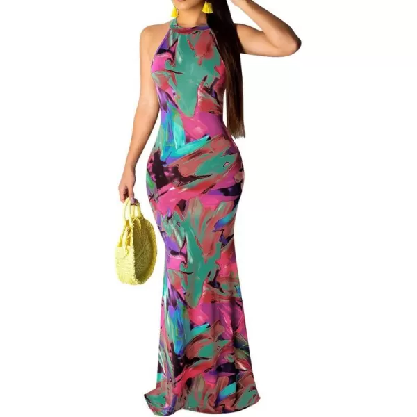 IyMoo Womens Neck Hollow Out Print Party Beach Evening Long Maxi DressGreen