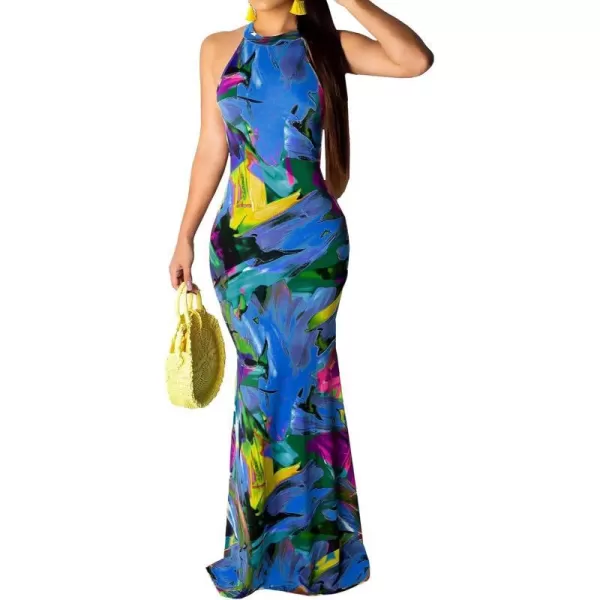 IyMoo Womens Neck Hollow Out Print Party Beach Evening Long Maxi DressL0139blue