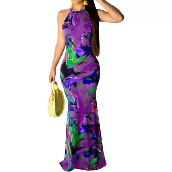 IyMoo Womens Neck Hollow Out Print Party Beach Evening Long Maxi DressL0139purple