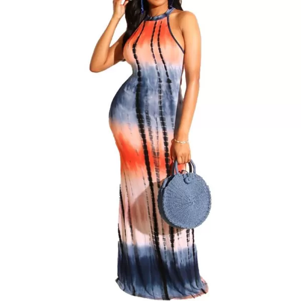 IyMoo Womens Neck Hollow Out Print Party Beach Evening Long Maxi DressNavy Blue