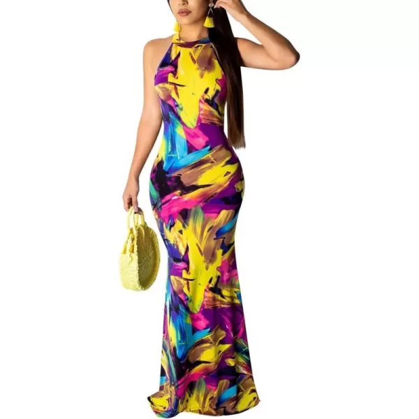 IyMoo Womens Neck Hollow Out Print Party Beach Evening Long Maxi DressRainbow
