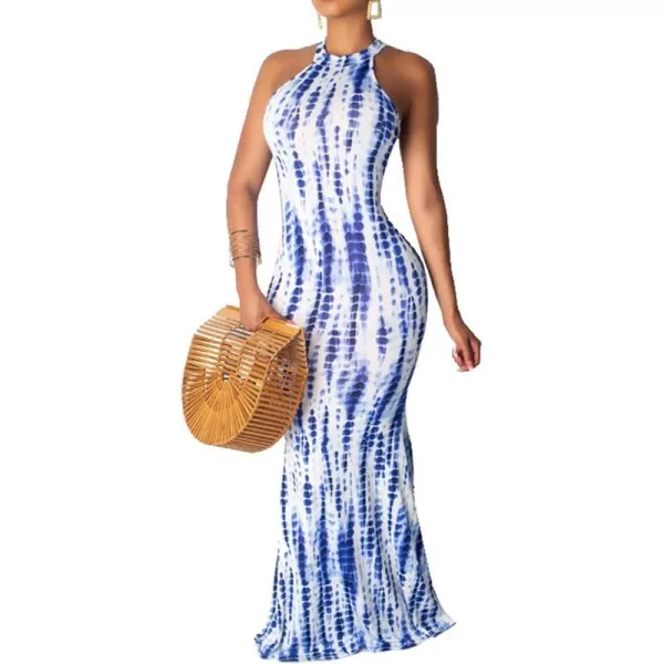 IyMoo Womens Neck Hollow Out Print Party Beach Evening Long Maxi DressSky Blue