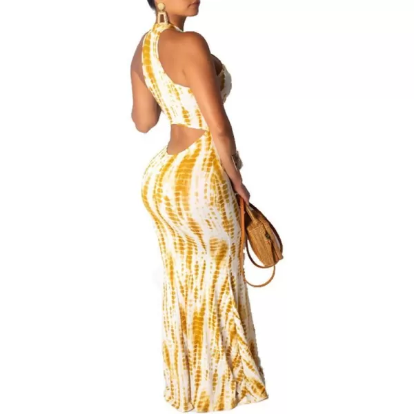 IyMoo Womens Neck Hollow Out Print Party Beach Evening Long Maxi DressYellowwhite
