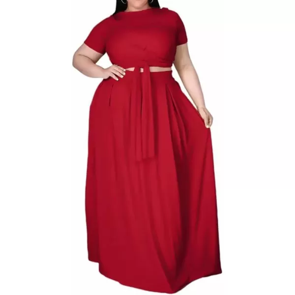 IyMoo Womens Plus Size 2 Piece Dress Outfits Short Sleeve Bandage Wrap Empire Crop Tops and Skirt SetsRed
