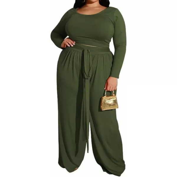 IyMoo Womens Plus Size 2 Piece Outfit Sexy Long Sleeve Scoop Neck Crop Top Wide Leg Pants Sets JumpsuitsArmy Green
