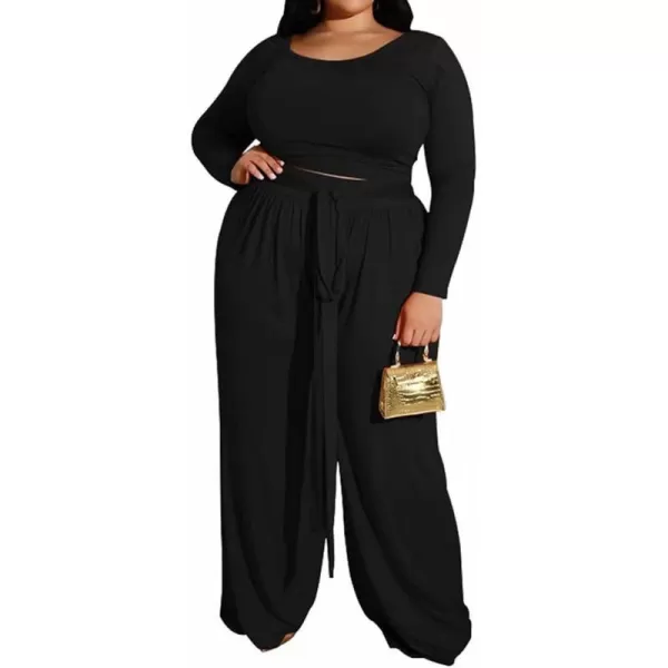 IyMoo Womens Plus Size 2 Piece Outfit Sexy Long Sleeve Scoop Neck Crop Top Wide Leg Pants Sets JumpsuitsBlack