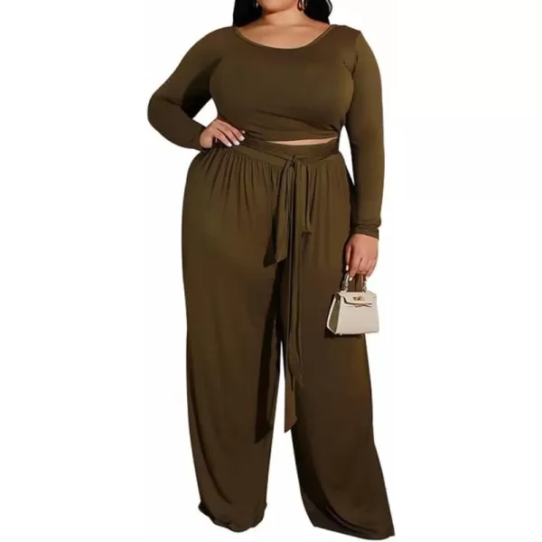IyMoo Womens Plus Size 2 Piece Outfit Sexy Long Sleeve Scoop Neck Crop Top Wide Leg Pants Sets JumpsuitsBrown