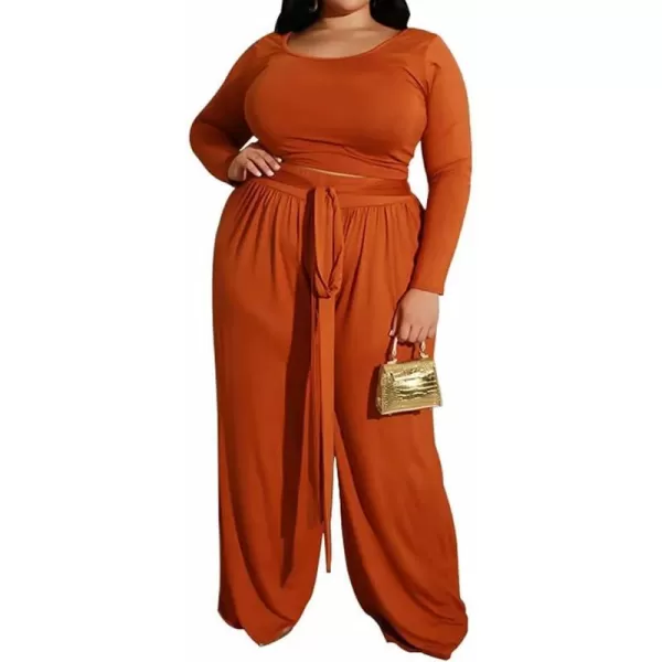 IyMoo Womens Plus Size 2 Piece Outfit Sexy Long Sleeve Scoop Neck Crop Top Wide Leg Pants Sets JumpsuitsOrange