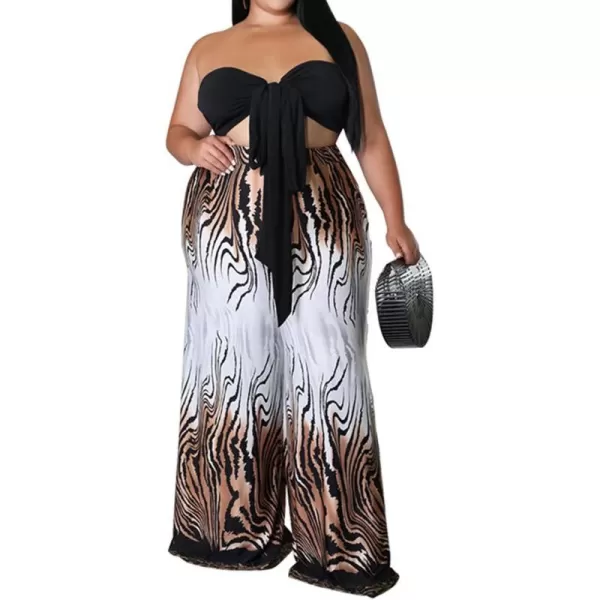 IyMoo Womens Plus Size 2 Piece Outfit Sexy Printed Tube Crop Top Wide Leg Pants Sets JumpsuitsCoffee