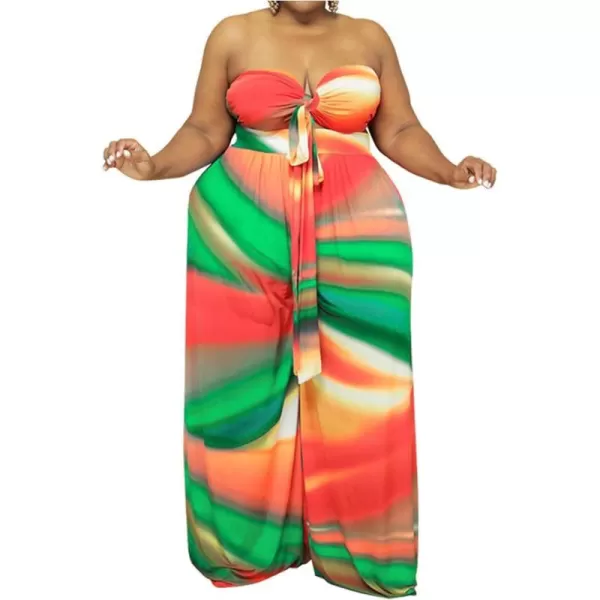 IyMoo Womens Plus Size 2 Piece Outfit Sexy Printed Tube Crop Top Wide Leg Pants Sets JumpsuitsMulti Green