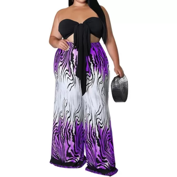 IyMoo Womens Plus Size 2 Piece Outfit Sexy Printed Tube Crop Top Wide Leg Pants Sets JumpsuitsPurple