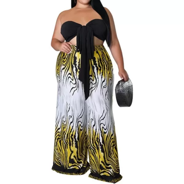 IyMoo Womens Plus Size 2 Piece Outfit Sexy Printed Tube Crop Top Wide Leg Pants Sets JumpsuitsYellow