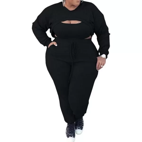 IyMoo Womens Plus Size 3 Piece Sets Outfit Ribbed Sweatshirt Crop Tank Top Sweatpants Jumpsuit Romper SetBlack