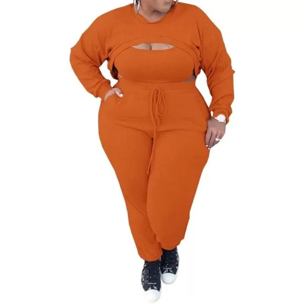 IyMoo Womens Plus Size 3 Piece Sets Outfit Ribbed Sweatshirt Crop Tank Top Sweatpants Jumpsuit Romper SetBright Orange