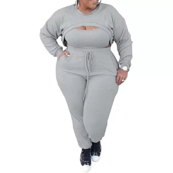 IyMoo Womens Plus Size 3 Piece Sets Outfit Ribbed Sweatshirt Crop Tank Top Sweatpants Jumpsuit Romper SetGray