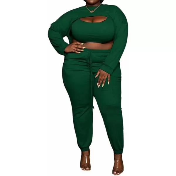 IyMoo Womens Plus Size 3 Piece Sets Outfit Ribbed Sweatshirt Crop Tank Top Sweatpants Jumpsuit Romper SetGreen
