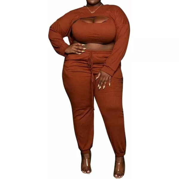 IyMoo Womens Plus Size 3 Piece Sets Outfit Ribbed Sweatshirt Crop Tank Top Sweatpants Jumpsuit Romper SetOrange