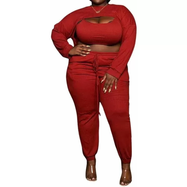 IyMoo Womens Plus Size 3 Piece Sets Outfit Ribbed Sweatshirt Crop Tank Top Sweatpants Jumpsuit Romper SetRed