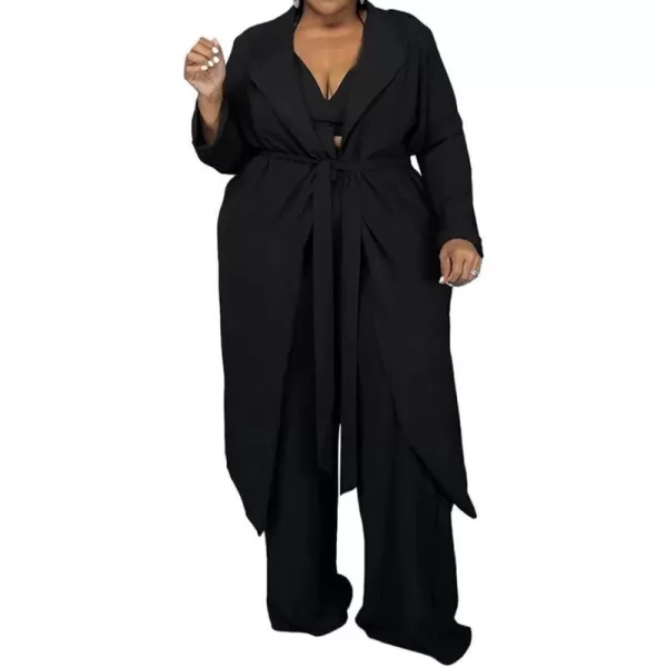 IyMoo Womens Plus Size 3 Piece Sets Outfit Tracksuit Crop Top Blazer Coat and Wide Leg Long Pants Jumpsuit Romper SuitsBlack