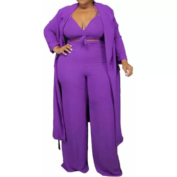 IyMoo Womens Plus Size 3 Piece Sets Outfit Tracksuit Crop Top Blazer Coat and Wide Leg Long Pants Jumpsuit Romper SuitsPurple