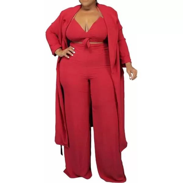 IyMoo Womens Plus Size 3 Piece Sets Outfit Tracksuit Crop Top Blazer Coat and Wide Leg Long Pants Jumpsuit Romper SuitsRed