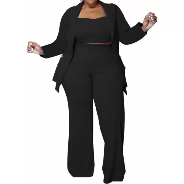 IyMoo Womens Plus Size 3 Piece Sets Outfit Tracksuit Crop Top Blazer Jacket and Wide Leg Long Pants Jumpsuit Romper SuitsBlack