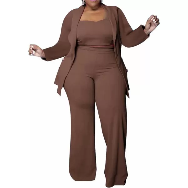 IyMoo Womens Plus Size 3 Piece Sets Outfit Tracksuit Crop Top Blazer Jacket and Wide Leg Long Pants Jumpsuit Romper SuitsBrown