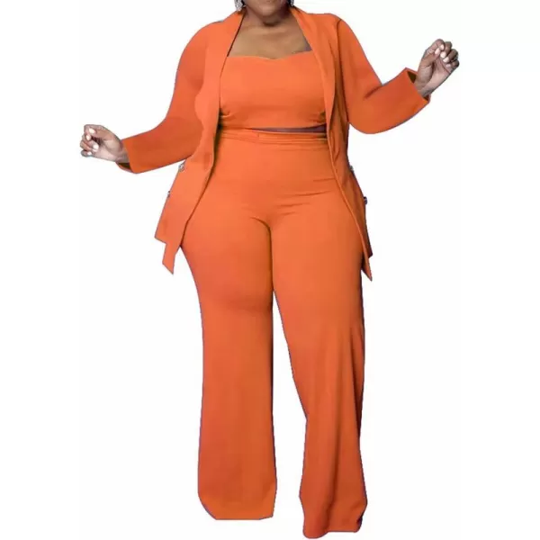 IyMoo Womens Plus Size 3 Piece Sets Outfit Tracksuit Crop Top Blazer Jacket and Wide Leg Long Pants Jumpsuit Romper SuitsOrange