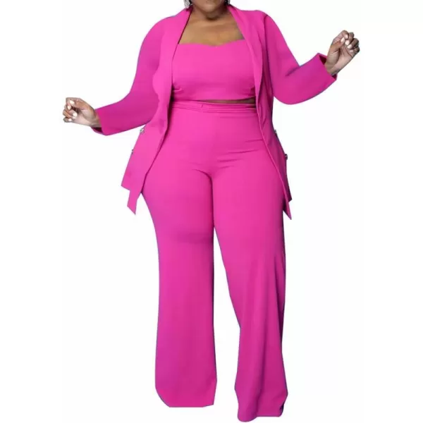 IyMoo Womens Plus Size 3 Piece Sets Outfit Tracksuit Crop Top Blazer Jacket and Wide Leg Long Pants Jumpsuit Romper SuitsPink