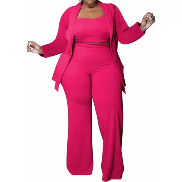 IyMoo Womens Plus Size 3 Piece Sets Outfit Tracksuit Crop Top Blazer Jacket and Wide Leg Long Pants Jumpsuit Romper SuitsRose Red